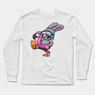 Rabbit In Scuba Outfit With Flamingo Swimming Ring Long Sleeve T-Shirt
